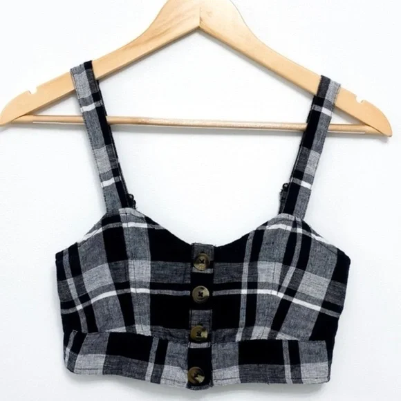 American Eagle Linen Black Plaid Crop Top Size S Bustier. - Picture 2 of 7